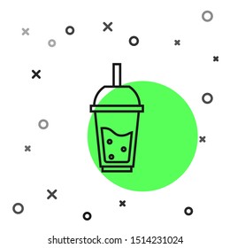 Black line Glass of lemonade with drinking straw icon isolated on white background.  Vector Illustration
