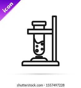 Black line Glass test tube flask on fire heater experiment icon isolated on white background. Laboratory equipment.  Vector Illustration