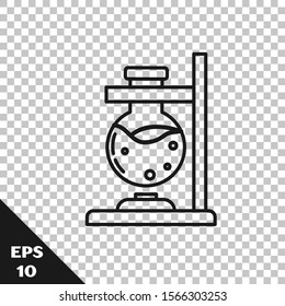 Black line Glass test tube flask on fire heater experiment icon isolated on transparent background. Laboratory equipment.  Vector Illustration