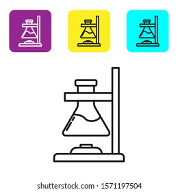 Black line Glass test tube flask on fire heater experiment icon isolated on white background. Laboratory equipment. Set icons colorful square buttons. Vector Illustration