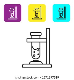 Black line Glass test tube flask on fire heater experiment icon isolated on white background. Laboratory equipment. Set icons colorful square buttons. Vector Illustration