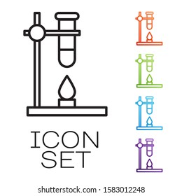 Black line Glass test tube flask on fire heater experiment icon isolated on white background. Laboratory equipment. Set icons colorful. Vector Illustration