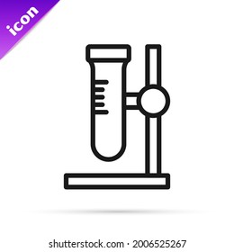 Black line Glass test tube flask on stand icon isolated on white background. Laboratory equipment.  Vector