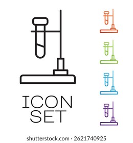 Black line Glass test tube flask on fire heater experiment icon isolated on white background. Laboratory equipment. Set icons colorful. Vector