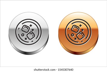 Black line Glass of whiskey and ice cubes icon isolated on white background. Silver-gold circle button. Vector Illustration
