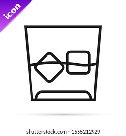Black line Glass of whiskey and ice cubes icon isolated on white background.  Vector Illustration