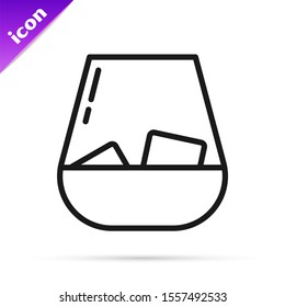 Black line Glass of whiskey and ice cubes icon isolated on white background.  Vector Illustration