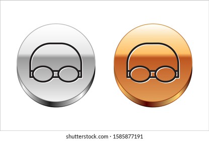 Black line Glasses and cap for swimming icon isolated on white background. Swimming cap and goggles. Diving underwater equipment. Silver-gold circle button. Vector Illustration
