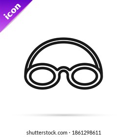 Black line Glasses and cap for swimming icon isolated on white background. Swimming cap and goggles. Diving underwater equipment.  Vector