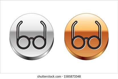 Black line Glasses icon isolated on white background. Eyeglass frame symbol. Silver-gold circle button. Vector Illustration