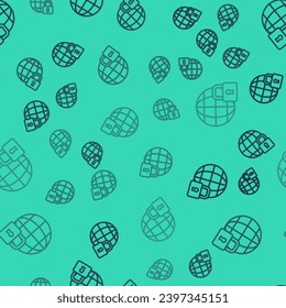 Black line Global lockdown - locked globe icon isolated seamless pattern on green background.  Vector