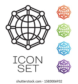 Black line Global technology or social network icon isolated on white background. Set icons colorful. Vector Illustration