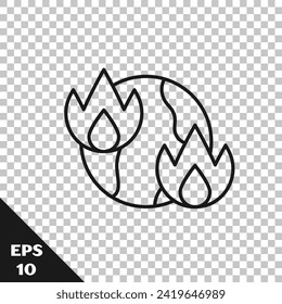 Black line Global warming fire icon isolated on transparent background.  Vector