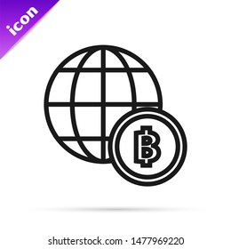 Black line Globe and cryptocurrency coin Bitcoin icon isolated on white background. Physical bit coin. Blockchain based secure crypto currency.  Vector Illustration