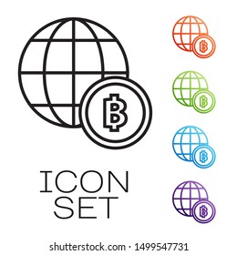 Black line Globe and cryptocurrency coin Bitcoin icon isolated on white background. Physical bit coin. Blockchain based secure crypto currency. Set icons colorful. Vector Illustration