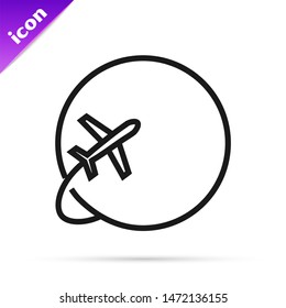 Black line Globe with flying plane icon isolated on white background. Airplane fly around the planet earth. Aircraft world icon.  Vector Illustration