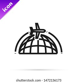 Black line Globe with flying plane icon isolated on white background. Airplane fly around the planet earth. Aircraft world icon.  Vector Illustration