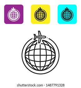 Black line Globe with flying plane icon isolated on white background. Airplane fly around the planet earth. Aircraft world icon. Set icons colorful square buttons. Vector Illustration
