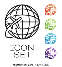 Black line Globe with flying plane icon isolated on white background. Airplane fly around the planet earth. Aircraft world icon. Set icons colorful. Vector Illustration