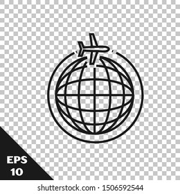 Black line Globe with flying plane icon isolated on transparent background. Airplane fly around the planet earth. Aircraft world icon.  Vector Illustration