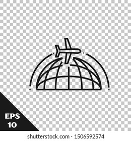 Black line Globe with flying plane icon isolated on transparent background. Airplane fly around the planet earth. Aircraft world icon.  Vector Illustration