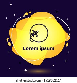 Black line Globe with flying plane icon isolated on dark blue background. Airplane fly around the planet earth. Aircraft world icon. Abstract banner with liquid shapes. Vector Illustration