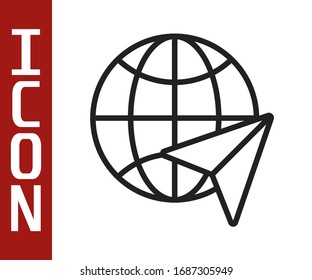 Black line Globe with flying plane icon isolated on white background. Airplane fly around the planet earth. Aircraft world icon.  Vector Illustration
