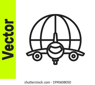 Black line Globe with flying plane icon isolated on white background. Airplane fly around the planet earth. Aircraft world icon.  Vector