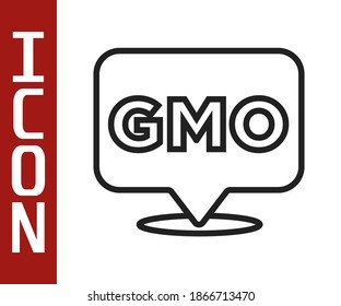 Black line GMO icon isolated on white background. Genetically modified organism acronym. Dna food modification.  Vector