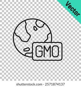 Black line GMO icon isolated on transparent background. Genetically modified organism acronym. Dna food modification.  Vector