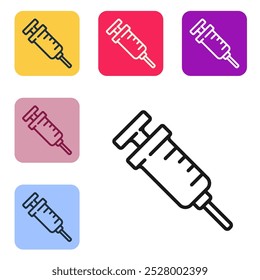 Linha preta ícone de seringa OGM isolado no fundo branco. Acrônimo de organismo geneticamente modificado. Modificação de DNA alimentar. Defina ícones em botões quadrados de cor. Vetor