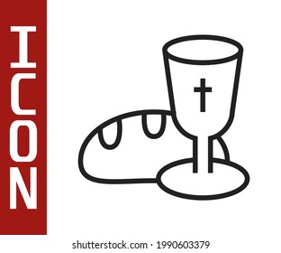 Black line Goblet and bread icon isolated on white background. Bread and wine cup. Holy communion sign.  Vector