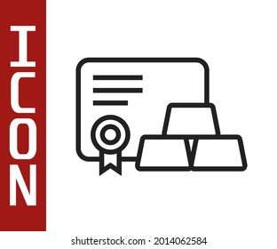 Black line Gold bars with certificate icon isolated on white background. Banking business concept.  Vector