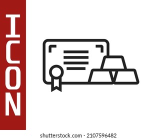 Barras doradas de línea negra con icono de certificado aislado en fondo blanco. Concepto de negocio bancario.  Vector