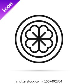 Black line Gold coin with four leaf clover icon isolated on white background. Happy Saint Patricks day.  Vector Illustration