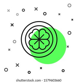 Black line Gold coin with four leaf clover icon isolated on white background. Happy Saint Patricks day.  Vector Illustration