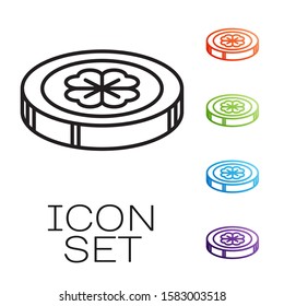 Black line Gold coin with four leaf clover icon isolated on white background. Happy Saint Patricks day. Set icons colorful. Vector Illustration
