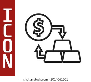 Black line Gold exchange money icon isolated on white background. Money changer.  Vector