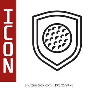 Black line Golf ball with shield icon isolated on white background.  Vector