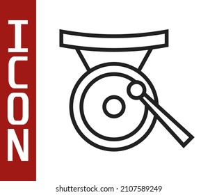 Black line Gong musical percussion instrument circular metal disc and hammer icon isolated on white background.  Vector