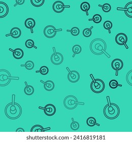 Black line Gong musical percussion instrument circular metal disc and hammer icon isolated seamless pattern on green background.  Vector