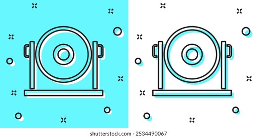 Black line Gong musical percussion instrument circular metal disc icon isolated on green and white background. Random dynamic shapes. Vector