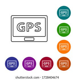Black line Gps device with map icon isolated on white background. Set icons in color circle buttons. Vector Illustration