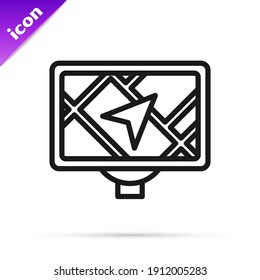 Dispositivo Gps de línea negra con icono de mapa aislado en fondo blanco.  Vector