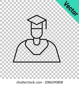 Black line Graduate and graduation cap icon isolated on transparent background.  Vector