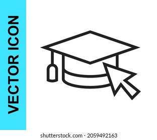 Black line Graduation cap with cursor icon isolated on white background. World education symbol. Online learning or e-learning concept.  Vector
