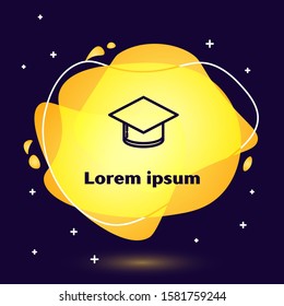 Black line Graduation cap icon isolated on blue background. Graduation hat with tassel icon. Abstract banner with liquid shapes. Vector Illustration