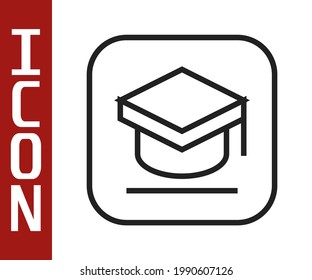 Black line Graduation cap icon isolated on white background. Graduation hat with tassel icon.  Vector