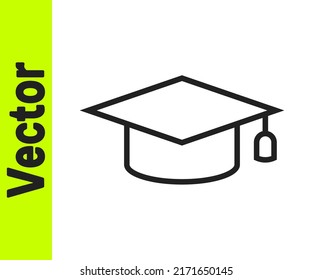 Black line Graduation cap icon isolated on white background. Graduation hat with tassel icon.  Vector