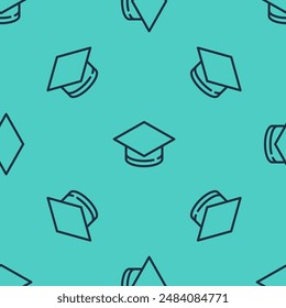 Black line Graduation cap icon isolated seamless pattern on green background. Graduation hat with tassel icon.  Vector